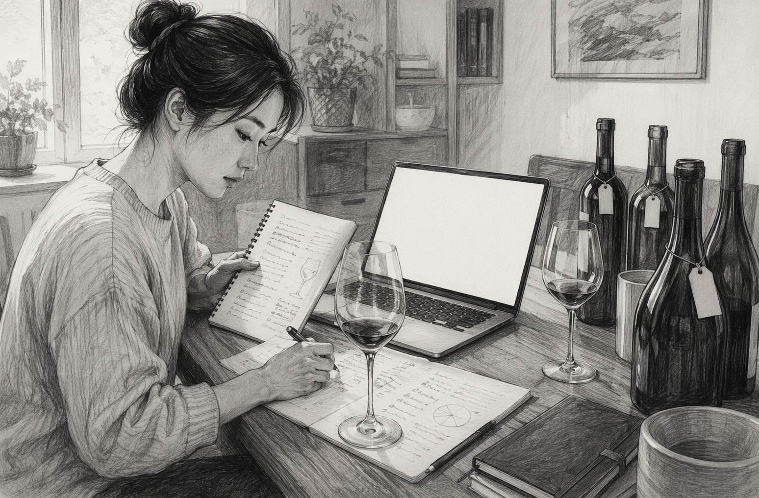 Wine student reviewing tasting notes at kitchen table