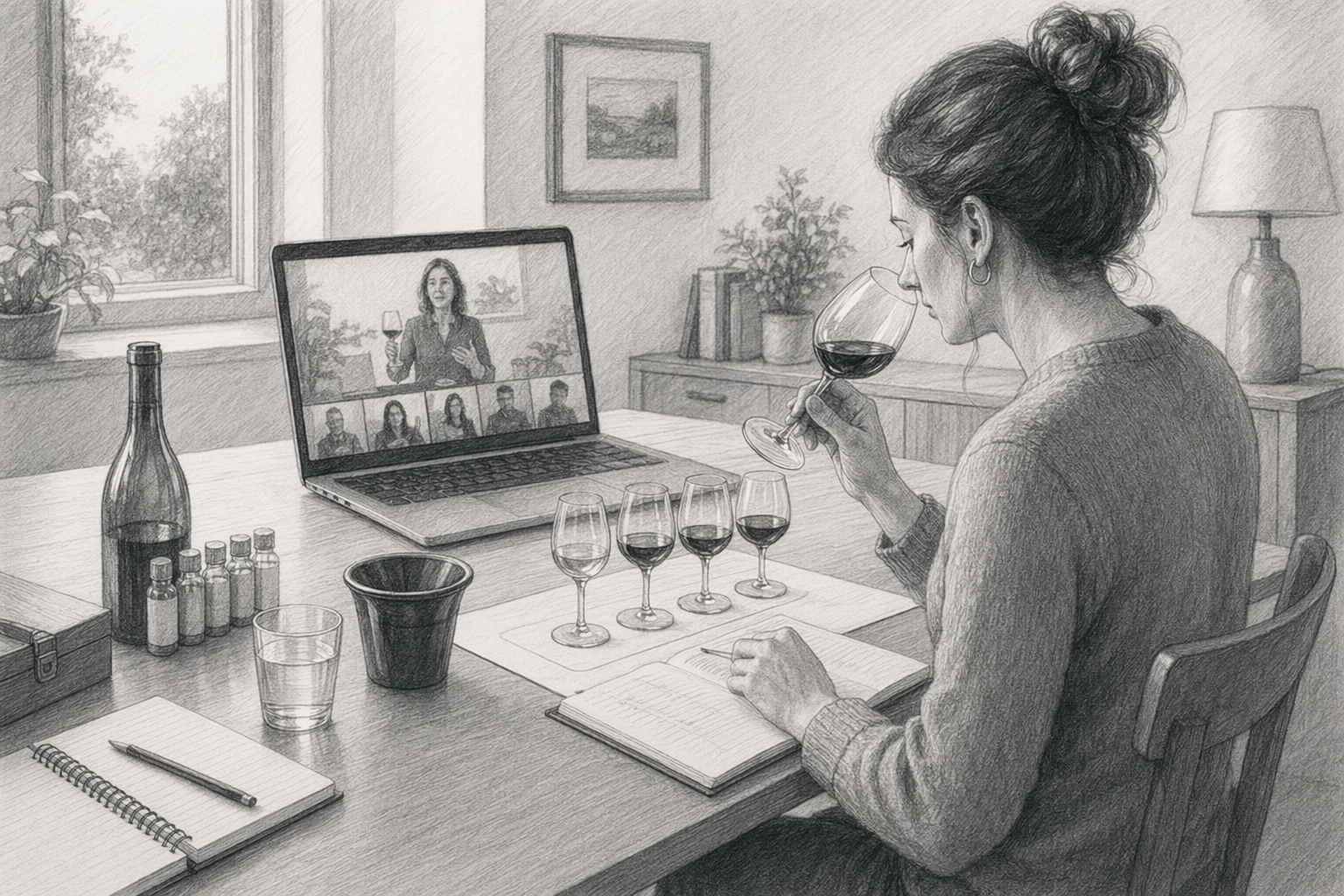 Student tasting wine samples at home during online class